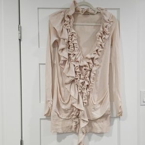 XS cream color ruffle front long cardigan.